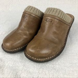 UGG Gael Tan Leather Wedge Slip On Clog / Mules w Knit Cuffs 9